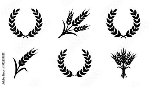 Wheat laurel wreath silhouettes, black grain ear icons set, organic farming cereal plant symbols, 6 vector elements for bakery and harvest logos