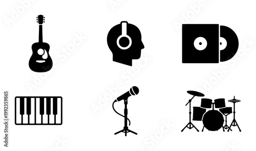 Minimalist music icons set, black silhouette musical instruments and audio equipment, 6 vector elements for studio and entertainment branding