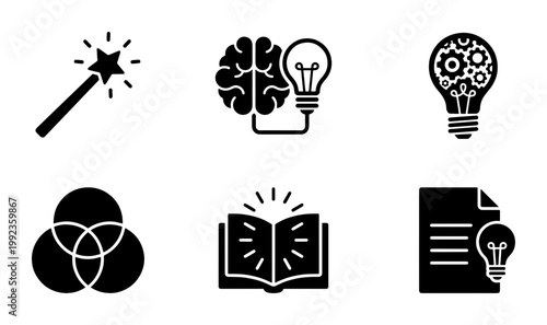 Creative thinking and innovation icon set, 6 black solid vector icons for brainstorming and ideas, lightbulb and brain symbols for business strategy