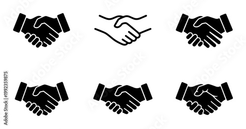 Business handshake icon set, professional partnership and agreement symbols, black and white deal vector elements for corporate success