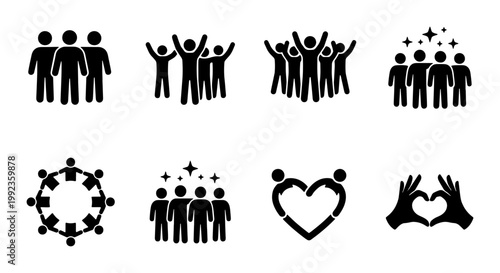 Obraz na płótnie Community and teamwork icon set, 8 black silhouette people symbols, group collab
