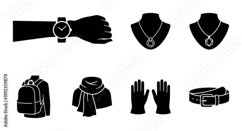 Fashion accessories icon set, black silhouette jewelry and clothing elements, minimalist watch and backpack vector, 7 apparel icons for retail