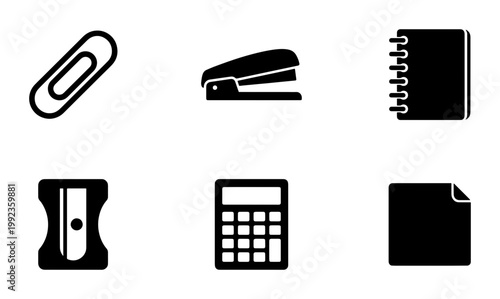Minimalist stationery icon set, black office supplies vector collection, professional school equipment symbols for web design and business apps