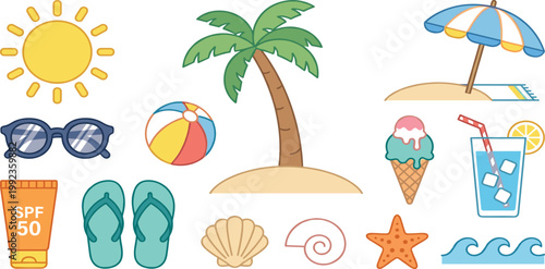 Summer beach vacation set with sun palm tree beach ball umbrella sunglasses sunscreen flip flops ice cream cold drink sea shells starfish and ocean waves vector illustration