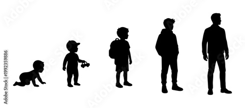 Human life cycle silhouettes showing male growth stages, evolution of man from baby to adult, aging process vector set of five figures
