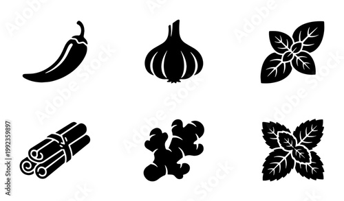 Culinary herbs and spices icon set, 6 black solid vector elements, chili pepper garlic basil cinnamon ginger and mint icons for food menu design