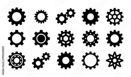 Industrial gear icons set, black mechanical cogwheel vector collection, 15 engine parts and machinery gear symbols for engineering and technology design