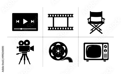 Minimalist cinema icon set, black movie production symbols, collection of 6 film industry vector elements, vintage camera and media player graphics
