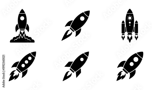 Minimalist rocket ship icon set, black silhouette spacecraft vector collection, 6 startup launch symbols for business and technology web design