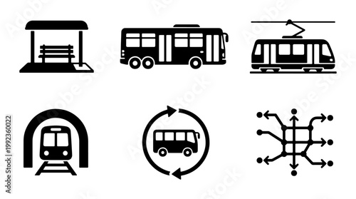 Public transport icon set, black bus and train vector symbols, urban transit and metro station graphics, 6 transportation elements for city maps