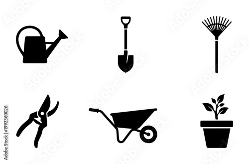 Gardening tools icon set, black silhouette garden equipment collection, watering can and shovel vector elements, wheelbarrow and pruning shears icons