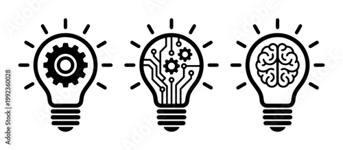Innovation light bulb icons with gear, circuit board, and human brain symbols. Creative thinking and technology concept vector set. Black line art design.