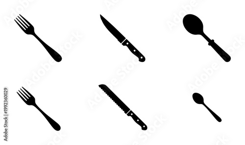 Black cutlery silhouette icons, set of 6 kitchen utensils including fork, knife, and spoon, minimalist restaurant flat vector elements for menu design