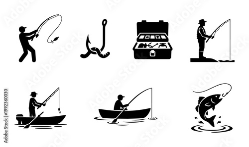 Fishing icons set with fisherman silhouettes, black vector pictograms of angling equipment, boat fishing and jumping fish on white background