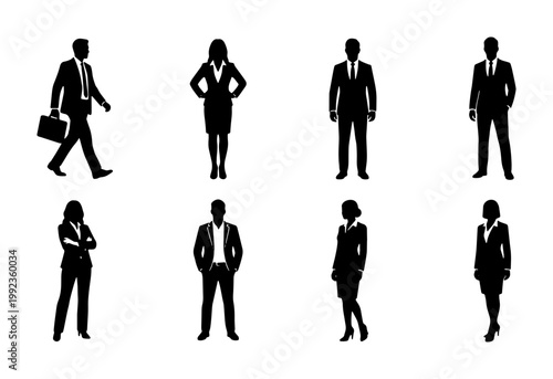 Professional business people silhouettes, set of 8 corporate office workers in suits, black vector figures of businessmen and businesswomen
