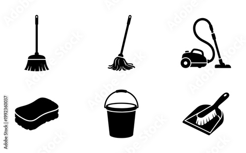 Cleaning service icon set, black silhouette housekeeping tools, 6 vector elements including vacuum cleaner, mop, broom, bucket, sponge and dustpan