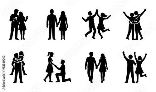 Romantic couple silhouettes set, 8 black vector icons of lovers in various poses, wedding proposal and relationship concept elements for design