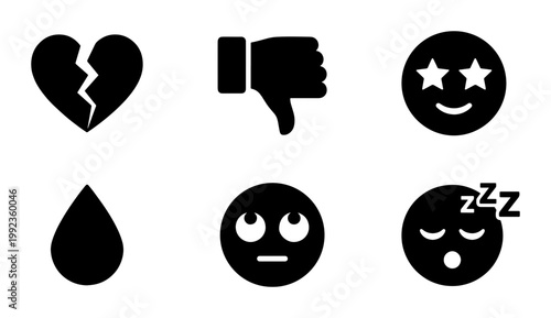 Minimalist social media emoji icons set, black solid vector emoticons for UI design, 6 expressive reaction symbols including broken heart and dislike