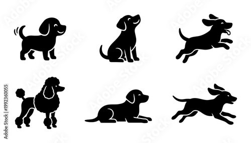 Black dog silhouette icons set, 6 vector puppy illustrations in various poses, playful poodle and labrador silhouettes for pet shop branding