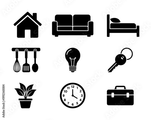 Minimalist home lifestyle icon set, black solid house and furniture vector symbols, 9 interior design and real estate flat icons for web and apps