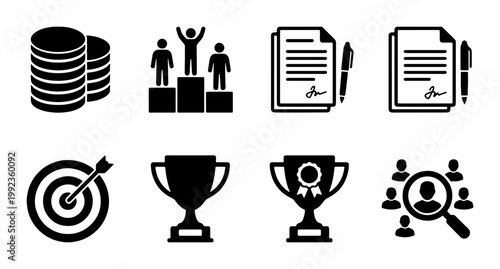 Business success icons set, corporate achievement symbols and leadership graphics, 8 black vector icons for professional management and recruitment
