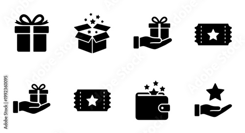 Black gift icon set, loyalty program rewards and bonus symbols, 8 solid vector elements for shopping discounts and customer appreciation