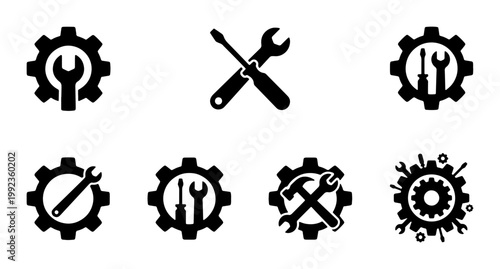 Industrial gear and tool icons set, black mechanical repair symbols, 7 vector elements for maintenance and engineering services