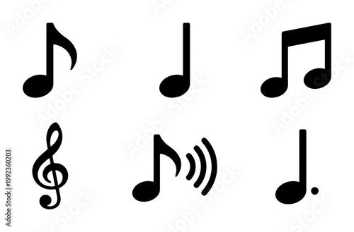 Minimalist black music notes icon set, musical notation symbols collection, flat vector treble clef and eighth note graphics for audio design