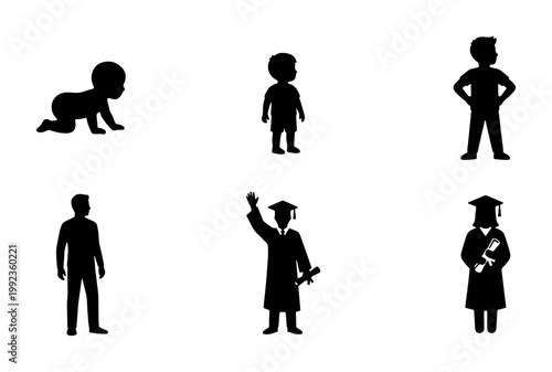Human life cycle silhouettes, growing up process from baby to graduate student vector set, aging and education stages icons, 6 black figure elements