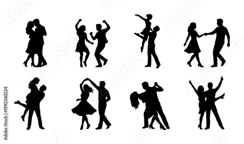 Dancing couple silhouettes set, romantic ballroom and swing dance partners, black vector figures of people dancing together, 8 pairs collection