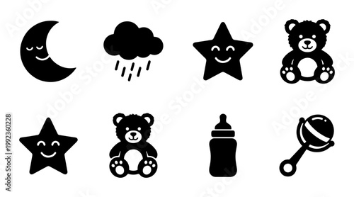 Baby nursery icon set, cute black silhouette infant symbols, 8 vector elements featuring teddy bear moon star and rattle for newborn shower design