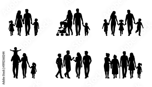 Family silhouette vector set, black silhouettes of parents and children walking, diverse family groups with stroller and elderly members