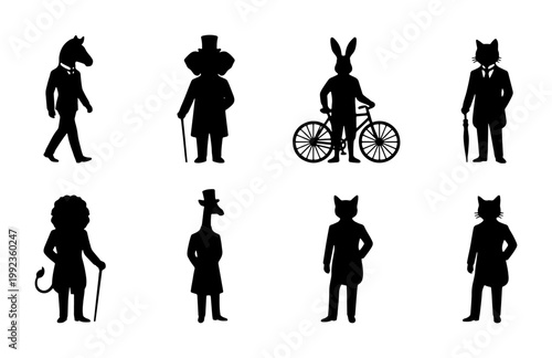 Vintage anthropomorphic animal silhouettes set, Victorian gentleman animal characters in suits, 8 black vector icons for storybook illustration