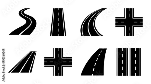 Road map icons set with 8 black vector elements, asphalt highway symbols with winding paths and intersections, street navigation signs for logistics