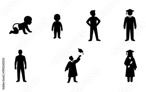 Human life cycle silhouettes, set of 7 vector icons showing growth from baby to graduate, male and female aging process stages, educational progress symbols