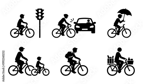 Bicycle safety and urban cycling icons, black silhouette cyclist pictograms, set of 6 bike riding scenarios for road safety education