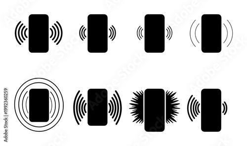Vibrating smartphone icon set, ringing mobile phone silhouettes with sound waves, 8 black and white vector elements for notification and alert design