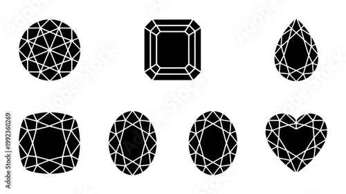 Black diamond gemstone icons set, luxury jewelry stone shapes vector collection, elegant crystal and emerald cut silhouettes for fashion branding