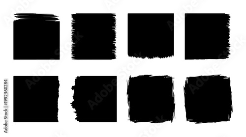 Grunge black ink brush strokes, set of 8 textured square frames, hand drawn paint splatter boxes for graphic design and artistic borders