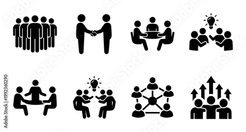 Business teamwork icon set, professional collaboration and leadership pictograms, 8 corporate meeting and partnership vector symbols for office management