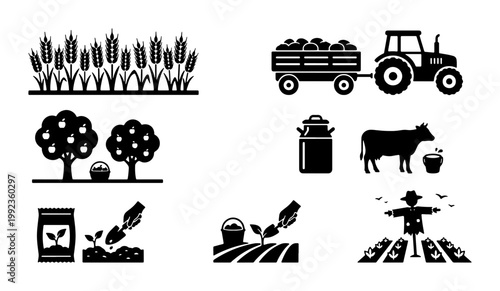 Agriculture and farming icon set, black silhouette farm symbols with tractor and livestock, organic gardening and harvest vector elements