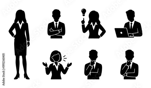 Professional business people silhouettes set, corporate office worker icons in various poses, black vector avatars for team management and leadership