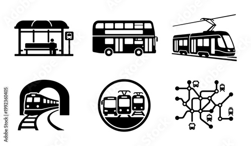 Public transportation icon set, black vector silhouettes of bus stop and double decker, subway train and tram symbols, urban transit map graphics