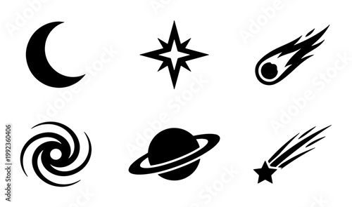 Minimalist space icons set, black celestial vector symbols, collection of 6 astronomy elements including moon and planets for web design