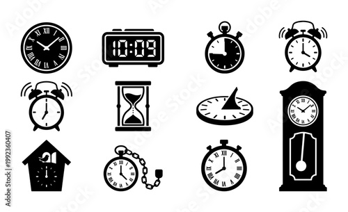 Minimalist clock icon set with 12 black vector symbols, time measurement collection including alarm clock, hourglass, stopwatch and digital display