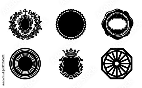 Vintage heraldic crests and wax seal stamps, set of 6 black vector emblems, royal shield and laurel wreath icons for branding and certificates