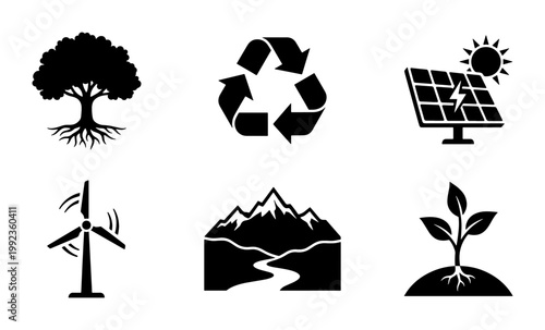 Sustainable ecology icon set, renewable energy and recycling symbols, 6 black vector silhouettes for environmental conservation and green technology
