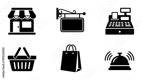 Retail shopping icon set with 6 black vector elements, commercial store front and cash register symbols, business marketing and e-commerce graphics