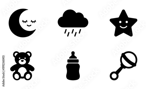 Minimalist baby nursery icon set, 6 black solid vector symbols, cute infant care and bedtime elements, teddy bear and rattle graphics