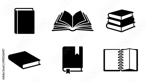 Minimalist book icons set, black silhouette library symbols, collection of 6 vector book illustrations for education and literature design